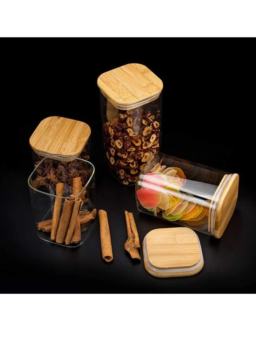 Bamboo Lid Plastic Storage Jars - Set of 4 (Natural Wood)
